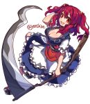 1girl :d bangs black_footwear blue_dress breasts cleavage coin dress full_body hair_bobbles hair_ornament highres holding holding_scythe large_breasts looking_at_viewer obi one-hour_drawing_challenge onozuka_komachi open_mouth red_eyes red_hair renshirenji sash scythe short_hair simple_background smile socks solo touhou twitter_username two_side_up white_background white_socks 