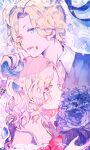 1boy 1girl blonde_hair blood blue_eyes bouquet diabolik_lovers facing_another facing_to_the_side fangs flower hano_luno heterochromia highres holding holding_bouquet komori_yui looking_at_viewer mukami_kou pink_eyes purple_flower purple_rose red_eyes rose tongue tongue_out vampire 