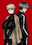  1boy 1girl absurdres black_hair blonde_hair blue_eyes blush_stickers breasts character_request copyright_request earrings glasses grey_hair highres jacket jewelry large_breasts necklace own_hands_together pants red_background short_hair simple_background smile standing track_jacket track_pants yotaro 