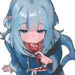  1girl animal_hood bangs blue_hair corn_dog dismassd eating food food_in_mouth gawr_gura holding holding_food hololive hololive_english hood long_hair long_sleeves looking_at_viewer open_mouth shark_hood short_twintails simple_background sitting solo twintails virtual_youtuber white_background zipper_pull_tab 