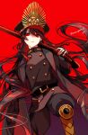  1girl antique_firearm arquebus belt black_hair black_headwear buttons cape double-breasted dutch_angle fate/grand_order fate_(series) from_below gloves gun hat hi_(wshw5728) highres holding holding_weapon long_hair looking_at_viewer military military_uniform oda_nobunaga_(fate) oda_uri parted_lips peaked_cap red_background red_eyes solo twintails uniform very_long_hair weapon white_gloves 