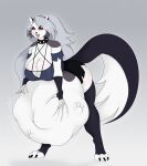  2022 aaanya anthro belly_grab big_breasts black_body black_collar black_fur breasts canid canid_demon canine canis clothing collar demon digital_drawing_(artwork) digital_media_(artwork) female female_pred fur grey_hair hair hellhound helluva_boss hi_res loona_(helluva_boss) mammal multicolored_body multicolored_fur paws red_sclera simple_background solo spiked_collar spikes tongue tongue_out vore white_body white_fur wolf 