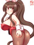  1girl animal_ears artist_logo ass between_breasts blush bow bowtie breasts brown_eyes brown_hair cherry_blossoms covered_navel dated detached_collar fake_animal_ears fake_tail highleg highleg_leotard kanon_(kurogane_knights) kantai_collection large_breasts leotard looking_at_viewer necktie necktie_between_breasts one-hour_drawing_challenge pantyhose playboy_bunny ponytail rabbit_ears rabbit_tail red_leotard solo strapless strapless_leotard tail traditional_bowtie wrist_cuffs yamato_(kancolle) 