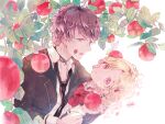  1boy 1girl apple bangs black_jacket black_necktie blonde_hair blood blood_on_clothes blood_on_face blue_eyes bow bowtie brown_hair diabolik_lovers flower food fruit fruit_tree hair_flower hair_ornament hano_luno holding holding_food holding_fruit jacket komori_yui leaning_back mukami_ruki multicolored_hair necktie open_mouth parted_bangs pink_eyes red_bow red_bowtie shirt short_hair tree vampire wavy_hair white_background white_shirt 