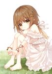  1girl bare_shoulders barefoot brown_eyes brown_hair closed_mouth dress frilled_dress frills hair_ornament hairclip hugging_own_legs knees_up long_hair looking_at_viewer low_twintails off-shoulder_dress off_shoulder on_grass original own_hands_together simple_background sitting solo squirrel_girl_(yuuhagi_(amaretto-no-natsu)) twintails white_background white_dress yuuhagi_(amaretto-no-natsu) 