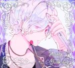  1boy albino blood diabolik_lovers facing_to_the_side fangs hano_luno happy_birthday holding holding_knife knife long_sleeves looking_at_viewer male_focus red_eyes sakamaki_subaru short_hair solo vampire white_background white_hair 