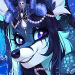  2023 blue_hair blue_nose canid canine digital_media_(artwork) eyebrows eyelashes fox hair headshot_portrait hi_res mammal portrait purple_eyes smile sorafoxyteils teeth 