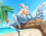  2022 3_toes 5_fingers alternate_version_at_source anthro areola beach big_breasts blue_sky breasts capcom claws cloud digital_media_(artwork) fanged_wyvern feet female finger_claws fingers licking licking_lips licking_own_lips mleonheart monster_hunter nipples palm_tree plant sand seaside sitting sky solo thick_thighs tobi-kadachi toe_claws toes tongue tongue_out tree water 