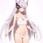  1girl bare_shoulders bra breasts closed_mouth embarrassed grey_hair hair_ornament haruyuki_(karem) headgear headphones liv_(punishing:_gray_raven) long_hair medium_breasts navel panties punishing:_gray_raven underwear very_long_hair white_background white_bra white_panties 