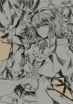  1boy expressionless flower greyscale_with_colored_background jacket kuze_souma long_sleeves looking_at_viewer male_focus megochi orange_background pants parted_lips plant short_hair solo sweet_clown vines 