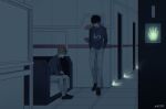  2boys against_wall bangs black_footwear black_hair blonde_hair collared_shirt couch covered_eyes door dress_shirt glowing grey_pants grey_shirt hair_over_eyes hallway handprint hands_in_pockets highres htr_wiwi indoors inukai_sumiharu kageura_masato long_sleeves male_focus multiple_boys pants print_shirt profile shirt shoes short_hair sitting spiked_hair standing tile_floor tiles timestamp white_pants world_trigger 