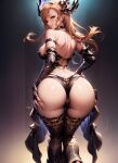  ai-generated ash30102223 ass ass_focus ass_grab back bangs bikini black_bikini black_gloves blonde_hair breasts brown_thighhighs choker dark_background elbow_gloves feet_out_of_frame gloves grabbing_own_ass granblue_fantasy green_eyes hair_ornament hand_on_hip highres indoors large_breasts long_hair looking_at_viewer shiny_skin smirk standing swimsuit thighhighs tweyen_(granblue_fantasy) 