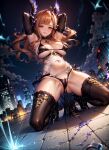  ai-generated armpits arms_behind_head ash30102223 bangs bikini black_bikini black_choker black_gloves blush breasts brown_thighhighs choker city_lights cityscape elbow_gloves gloves granblue_fantasy green_eyes hair_ornament highres kneeling large_breasts long_hair looking_at_viewer navel night orange_hair parted_bangs pussy pussy_peek shiny_skin skyline smile swimsuit thighhighs torn_clothes tweyen_(granblue_fantasy) 