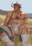  1boy animal_ears arm_hair bara blush brown_hair chest_hair clothes_removed cow_boy cow_ears cow_horns da_tan_lu_(goo) earrings facial_hair feet_out_of_frame forked_eyebrows fur-trimmed_jacket fur_trim goatee goo_(koushishikou11) hairy head_tilt highres horns jacket jewelry large_pectorals leg_hair loincloth long_sideburns looking_at_viewer male_focus mature_male midriff_sarashi multiple_earrings muscular muscular_male nipples no_pupils original outdoors pants_around_one_leg partially_undressed pectorals sarashi scar scar_on_face scar_on_forehead scar_on_nose short_hair sideburns socks spread_legs thick_eyebrows topless_male wind winter_clothes 