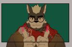  1boy absurdres alternate_costume animal_ears bad_id bad_weibo_id bara beenic bespectacled christmas dog_boy dog_ears furry furry_male glasses green_background gyee hands_up heart heart_hands highres holding holding_letter kuroshima_kurishiro_(muyi24108414) letter looking_at_viewer male_focus motion_lines original red_scarf round_eyewear scarf short_hair smile solo thick_eyebrows upper_body 