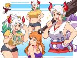  1boy 2girls :d alternate_hair_length alternate_hairstyle blonde_hair breasts cleavage cropped_shirt dashi earrings green_hair hands_on_hips heart heart-shaped_eyes highres holding holding_paper holding_weapon horns japanese_clothes jewelry kimono large_breasts long_hair multicolored_hair multiple_girls nami_(one_piece) obi one_piece orange_hair paper ponytail puckered_lips red_horns sanji_(one_piece) sash shirt short_hair short_shorts shorts sideboob smile two-tone_hair wanted weapon white_hair white_shirt yamato_(one_piece) 
