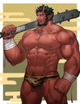  1boy abs absurdres animal_print bandaged_arm bandages bara beard black_hair briefs bulge club_(weapon) colored_skin demon_boy facial_hair feet_out_of_frame highres horns kanabou large_pectorals looking_at_viewer male_focus male_underwear mature_male muscular muscular_male navel navel_hair neumo nipples oni original pectorals pointy_ears print_male_underwear red_oni red_skin setsubun short_hair simple_background skin-covered_horns solo spiked_club standing stomach thick_eyebrows thick_thighs thighs tiger_print topless_male tusks underwear weapon yellow_male_underwear 