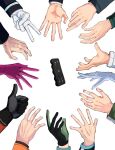  2girls 6+boys arafune_tetsuji azuma_haruaki black_gloves gloves green_gloves h4sc4zukgqyw5ad hand_focus highres ikoma_tatsuhito kageura_masato kakizaki_kuniharu katori_youko long_sleeves multiple_boys multiple_girls nasu_rei ninomiya_masataka ouji_kazuaki out_of_frame pink_gloves purple_gloves reaching simple_background suwa_koutarou thumbs_up two-tone_gloves uniform urushima_wataru v weapon white_background white_gloves world_trigger yuba_takuma 