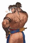  1boy ass back back_focus bandaged_arm bandages bara beard brown_hair character_request copyright_request cross_scar facial_hair feet_out_of_frame from_behind headband highres kuroshima_kurishiro_(muyi24108414) looking_at_viewer looking_back male_focus mature_male medium_hair muscular muscular_male no_pants pelvic_curtain ponytail scar scar_on_back smile solo sword sword_behind_back thighs topless_male weapon 