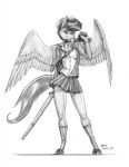 2018 anthro baron_engel bottomwear briefcase clothed clothing dress_shirt equid equine feathers female footwear friendship_is_magic hair hasbro hi_res holding_briefcase holding_object hooves jacket jewelry legwear looking_at_viewer mammal mane my_little_pony necklace necktie pegasus pose practice_sword school_uniform scootaloo_(mlp) shirt signature skirt solo standing stockings topwear uniform wings wooden_sword 
