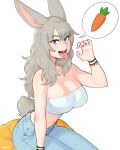  1girl :d animal_ears artist_name bandeau bangs bare_arms bare_shoulders blue_eyes bracelet carrot commentary english_commentary fellatio_gesture grey_hair highres jewelry large_ears long_hair looking_at_viewer midriff mole mole_under_eye navel open_mouth original rabbit_ears rabbit_girl rabbit_tail rob_ishi simple_background sitting smile solo speech_bubble spoken_object strapless tail tongue tongue_out tube_top white_background 