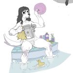  ambiguous_gender anthro black_hair canid canine claws featureless_crotch fur hair hi_res long_hair mammal nsfuwu4 nude poolside pubes rubber_duck sinkdog sitting soap solo washing_dishes white_body white_fur 