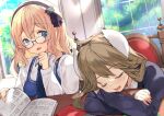  2girls animal_ears azur_lane bangs blonde_hair blue_eyes blue_necktie book brown_hair commentary_request commission furutaka_(azur_lane) glasses hair_ornament hairband indoors kibii_mocha leander_(azur_lane) long_hair long_sleeves multiple_girls necktie open_mouth retrofit_(azur_lane) school_uniform skeb_commission sleeping sleeping_on_desk window 