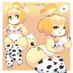  &lt;3 &lt;3_eyes 2_tails 3_fingers 3_toes absurd_res accessory animal_crossing animal_print animal_print_bikini anthro areola areola_slip barefoot bell bell_collar big_breasts bikini blonde_hair blush breasts canid canine canis cleavage clothed clothing collar cow_print cow_print_bikini cow_print_thighhighs cowbell digital_media_(artwork) domestic_dog feet female fingers footwear fur hair hair_accessory hair_bell hi_res isabelle_(animal_crossing) legwear mammal midriff multi_tail navel nintendo one_eye_closed onigiri_punch pattern_bikini pattern_clothing pattern_swimwear simple_background smile solo speech_bubble standing swimwear tail tail_tuft thick_thighs thigh_highs toe_outline toes topwear tuft wink yellow_body yellow_fur 