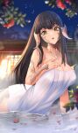  1girl architecture au_ra bangs black_hair breasts building cleavage dragon_horns dragon_tail east_asian_architecture final_fantasy final_fantasy_xiv green_eyes highres horns large_breasts leaning_forward long_hair looking_at_viewer naked_towel night onsen outdoors pixie_(pixieinktvis) scales solo tail towel water yugiri_mistwalker 