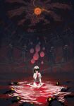  1girl absurdres black_hair blood blood_on_clothes death highres laboratory looking_at_viewer mia_(39565899) multiple_others original pool_of_blood science_fiction seiza shirt short_hair sitting white_shirt 
