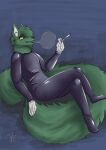  absurd_res anthro cigarette clothing fur green_body green_fur green_hair green_wolf hair hi_res latex male rubber rubber_clothing rubber_suit sitting smoke smoke_from_mouth smoking solo tafy tafy_tail tail yellow_eyes 