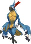  anthro avian beak belt bird blue_body breath_of_the_wild clothed clothing digital_media_(artwork) feathers hi_res kass_(tloz) male muscular nintendo partially_clothed red_feather_hair rito scuotivento simple_background solo the_legend_of_zelda white_background 