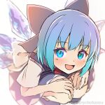  1girl :d bangs blue_bow blue_dress blue_hair blurry blurry_background blush bow cirno depth_of_field dress from_above hair_bow ice ice_wings knees knees_together_feet_apart looking_at_viewer open_mouth shiroi_karasu short_hair short_sleeves simple_background smile squatting touhou white_background wings 