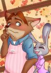  &lt;3 abstract_background anthro apron blue_eyes blush canid canine chubby_male clothed clothing countershading disney duo eyes_closed female fingers fox fur gideon_grey grey_body hair happy hi_res holding_arm interspecies judy_hopps lagomorph larger_male leporid male male/female mammal open_mouth pattern_clothing plaid plaid_clothing rabbit red_body red_fur romantic romantic_couple shy size_difference slightly_chubby smaller_female smile standing teeth white_body white_fur zootopia 