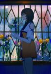  1girl anago_(tokyo_retro_gokko) black_hair brown_eyes character_request clothing_cutout copyright_request flower highres indoors lily_(flower) short_sleeves shoulder_cutout solo standing thigh_strap vase window 