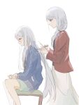  2girls bangs blue_eyes closed_mouth commentary english_commentary grey_hair highres holding holding_hair holding_scissors kouri_2x long_hair long_sleeves low-tied_long_hair multiple_girls on_chair pocket project_sekai scissors shorts sidelocks sitting standing very_long_hair white_background yoisaki_kanade yoisaki_kanade&#039;s_mother 