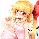 1girl alternate_costume bare_shoulders barefoot blonde_hair blush bow camisole collarbone crystal eating fang flandre_scarlet food gradient_background hair_between_eyes hair_bow highres holding holding_food ice_cream long_hair looking_at_viewer marukyuu_ameya multicolored_wings nail_polish no_headwear nose_blush panties pillow pink_camisole pink_panties red_bow red_eyes red_nails side_ponytail simple_background skin_fang solo touhou underwear wings 