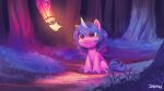  16:9 blue_hair equid equine female forest fur hair hasbro hi_res hooves horn imalou izzy_moonbow_(mlp) lamp lantern letter mammal mlp_g5 my_little_pony pink_body pink_fur plant purple_eyes sitting solo tree unicorn widescreen young 