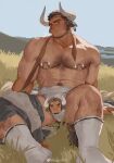  1boy absurdres animal_ears arm_hair bara blush brown_hair censored character_censor chest_hair chibi chibi_inset clothes_removed cow_boy cow_ears cow_horns da_tan_lu_(goo) earrings facial_hair feet_out_of_frame forked_eyebrows fur-trimmed_jacket fur_trim goatee goo_(koushishikou11) hairy head_tilt highres horns jacket jewelry large_pectorals leg_hair long_sideburns looking_at_viewer male_focus mature_male midriff_sarashi multiple_earrings muscular muscular_male nipples no_pupils novelty_censor original outdoors pants_around_one_leg partially_undressed pectorals pout sarashi scar scar_on_face scar_on_forehead scar_on_nose short_hair sideburns socks spread_legs thick_eyebrows topless_male wind winter_clothes 