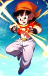  1girl bandana belt black_belt black_eyes black_gloves black_hair blue_sky chain cloud day denim dragon_ball dragon_ball_gt energy_beam fingerless_gloves full_body gloves grey_pants jeans midriff navel open_mouth orange_bandana pan_(dragon_ball) pants red_shirt rom_(20) shirt short_hair sky solo teeth 