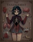  1girl bangs blood blue_hair bottle character_name commentary cork corked_bottle english_commentary exposed_bone feefal heart_(organ) highres holding holding_scalpel holding_scissors intestines jar jaw lungs organs original paper_background scalpel scissors shadow short_hair sinister skirt stitches surgical_scissors 