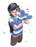  0_0box 1boy ;d bangs baseball_cap black_hair black_headwear brown_pants commentary elio_(pokemon) grey_eyes hands_up hat heart holding holding_pokemon male_focus one_eye_closed open_mouth pants pokemon pokemon_(creature) pokemon_(game) pokemon_sm popplio shirt short_sleeves smile striped striped_shirt t-shirt teeth tongue upper_teeth_only white_background 