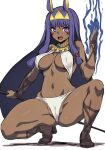  1girl animal_ears bangs breasts dark_skin fate/grand_order fate_(series) highres holding holding_staff long_hair looking_at_viewer magic medium_breasts navel nitocris_(fate) open_mouth pononozo purple_eyes purple_hair simple_background solo spread_legs squatting staff teeth upper_teeth_only white_background 