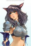  1girl ale_(ale_halexxx) armor avatar_(ff14) bangs black_hair blue_eyes breasts final_fantasy final_fantasy_xiv long_hair medium_breasts miqo&#039;te navel shoulder_armor solo upper_body white_background 