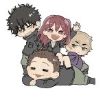  1girl 3boys =_= arm_up black_footwear black_hair black_jacket black_skirt boots border_operator_uniform_(world_trigger) brown_hair chibi cloak collared_shirt ema_yuzuru green_eyes green_pants grin hair_ornament jacket jitome kageura_masato kageura_squad's_uniform kitazoe_hiro knee_boots kuzumiya_yuyu light_brown_hair long_hair long_sleeves looking_at_viewer lying miniskirt multiple_boys nire_hikari on_stomach one_side_up pants pencil_skirt purple_cloak red_eyes red_hair sharp_teeth shirt shoes short_hair simple_background sitting sitting_on_person skirt skirt_set smile spiked_hair standing teeth turtleneck uniform waving white_background white_shirt world_trigger yellow_eyes 