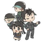  1girl 3boys arafune_tetsuji backwards_hat bangs baseball_cap black_headwear black_jacket black_pants black_skirt blonde_hair boots chibi cloak dumbbell exercise green_cloak hair_rings hands_on_own_cheeks hands_on_own_face hanzaki_yoshito hat hokari_atsushi holding holding_sword holding_weapon jacket kagami_rin knee_boots kuzumiya_yuyu long_hair long_sleeves looking_at_viewer looking_back miniskirt multiple_boys pants pencil_skirt shoes short_hair simple_background skirt skirt_set sparkling_eyes squatting standing sword twintails uniform weapon white_background world_trigger 