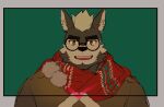  1boy :d absurdres alternate_costume animal_ears bad_id bad_weibo_id bara beenic bespectacled christmas dog_boy dog_ears furry furry_male glasses green_background gyee hands_up heart heart_hands highres holding holding_letter kuroshima_kurishiro_(muyi24108414) letter looking_at_viewer male_focus motion_lines original red_scarf round_eyewear scarf short_hair smile solo thick_eyebrows upper_body 
