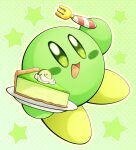  alternate_color blush_stickers cake cake_slice colored_skin food fork fruit green_background green_skin highres holding holding_fork holding_plate kirby kirby_(series) lime_(fruit) lime_slice looking_at_viewer no_humans open_mouth plate slys_(jesterdysphoria) smile solid_oval_eyes solo star_(symbol) 