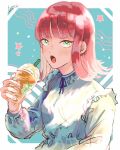  1girl :o bangs blue_background blunt_bangs breasts cup disposable_cup flipped_hair frilled_shirt_collar frills green_eyes hand_up highres holding holding_cup katori_youko long_sleeves looking_at_viewer open_mouth outside_border pink_nails red_hair short_hair sirasu_ko small_breasts solo star_(symbol) unfinished upper_body world_trigger 