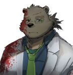  1boy animal_ears bara bear_boy bear_ears blood blood_on_clothes blood_on_face expressionless furry furry_male glasses green-framed_eyewear green_necktie highres labcoat leib_(housamo) male_focus necktie neumo ponytail short_hair solo thick_eyebrows tokyo_afterschool_summoners upper_body 